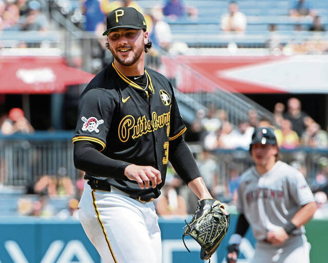 Pirates pitcher Paul Skenes smiles after getting a strikeout to end a Diamondbacks threat July 27 at PNC Park.