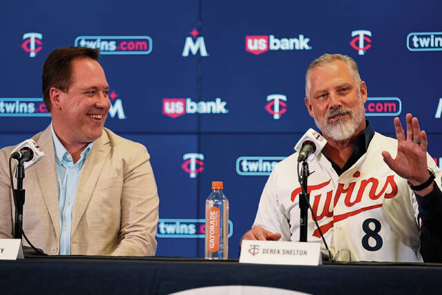 Former Pittsburgh Pirates general manager Derek Shelton (right), with Minnesota Twins president of baseball operations Derek Falvey, holds his first news conference as the Twins’ 15th manager on Tuesday, Nov. 4, 2025, in Minneapolis.