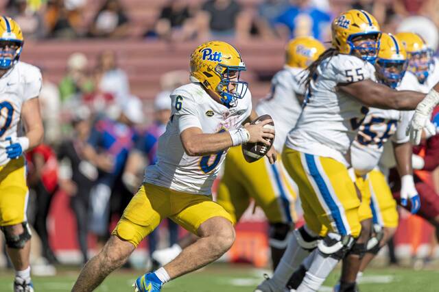 Pitt quarterback Mason Heintschel (6) runs the ball against Stanford during the second quarter Nov. 1, 2025, at Stanford Stadium.