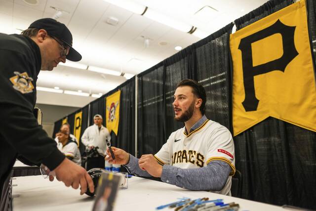 Pittsburgh Pirates pitcher Paul Skenes talks with fans while he signs autographs on Saturday, Jan. 18, 2025 during PiratesFest at the Dave L. Lawrence Convention Center in Downtown Pittsburgh.