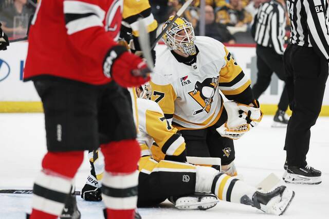 Penguins goaltender Arturs Silovs stands up after a save during the second period against the New Jersey Devils on Saturday in Newark, N.J.