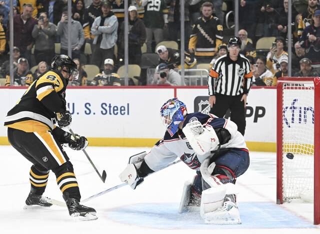 Penguins forward Sidney Crosby beats Columbus Blue Jackets goaltender Elvis Merzlikins during a shootout attempt on Oct. 25. The Penguins are 0-3 in games deterimined by shootouts this season.
