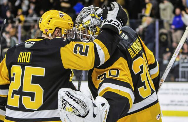 Wilkes-Barre/Scranton Penguins defenseman Sebastian Aho and goaltender Joel Blomqvist celebrate following a 1-0 win against the Providence Bruins at the Amica Mutual Pavilion in Providence, R.I. on Saturday.