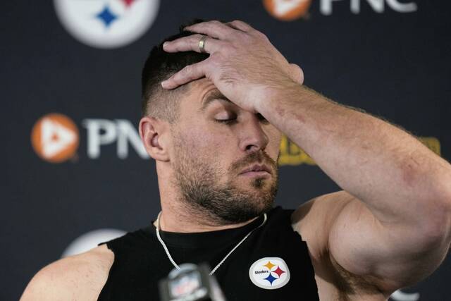 Pittsburgh Steelers linebacker T.J. Watt meets with reporters following an NFL football game against the Chicago Bears, Sunday, Nov. 23, 2025, in Chicago.