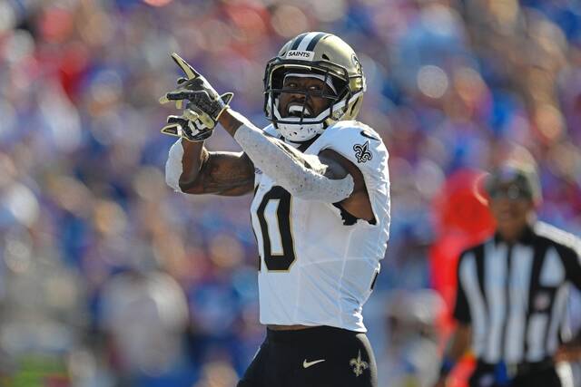 New Orleans Saints wide receiver Brandin Cooks reacts during the second half of an NFL football game against the Buffalo Bills in Orchard Park, N.Y., Sunday, Sept. 28, 2025.