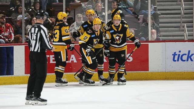 Members of the Wilkes-Barre/Scranton Penguins celebrate a goal during a game against the Hershey Bears at the Giant Center in Hershey on Wednesday. The Penguins won, 6-3.