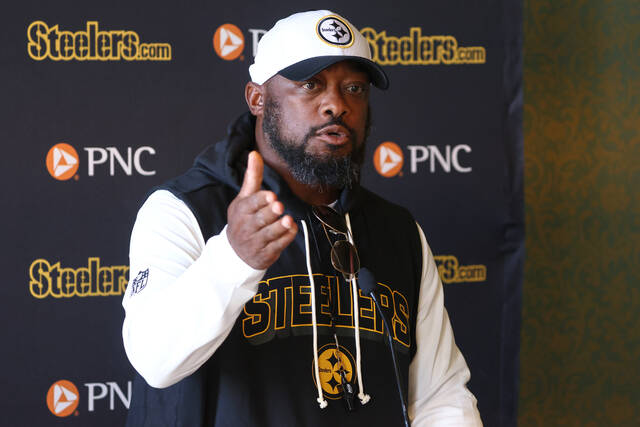 Pittsburgh Steelers head coach Mike Tomlin speaks at a press conference before a training session ahead of their match against Minnesota Vikings in Dublin, Friday, Sept. 26, 2025.