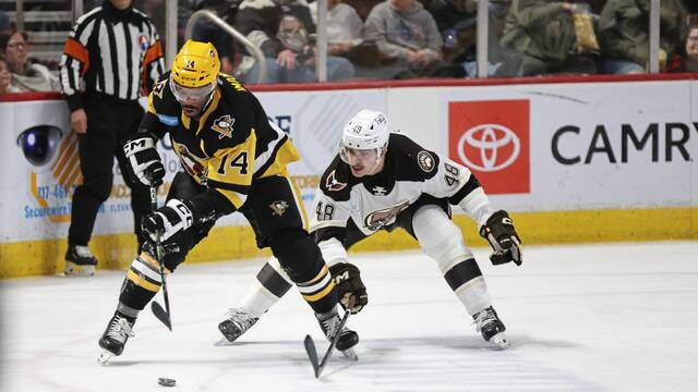 Wilkes-Barre/Scranton Penguins forward Boko Imama protects a puck from Hershey Bears defenseman David Gucciardi during a game at the Giant Center in Hershey on Saturday. The Bears won, 6-2.