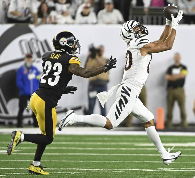 Cincinnati Bengals receiver Andrei Losivas beats the Pittsburgh Steelers’ Darius Slay for a catch during the Oct. 16 game between the teams at Paycor Stadium. Slay, a six-time Pro Bowl selection, was designated as a healthy inactive for the Steelers’ Sunday game against the Buffalo Bills.