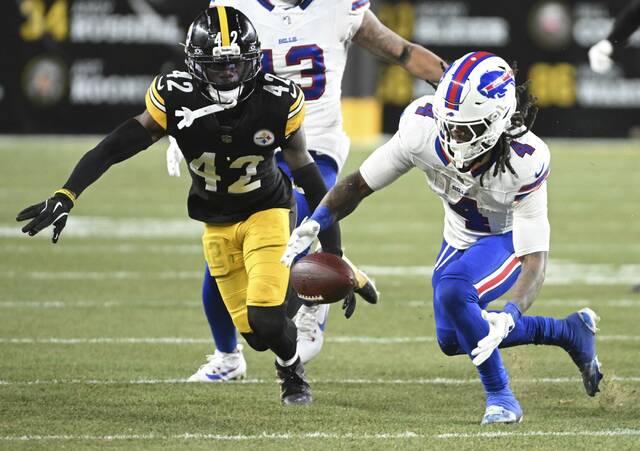 Pittsburgh Steelers cornerback James Pierre runs in as Buffalo Bills running back James Cook III fumbles during the second quarter of Sunday’s game at Acrisure Stadium. Later in that quarter, Pierre would suffer an injury that landed him in NFL concussion protocol and did not allow him to finish the game.