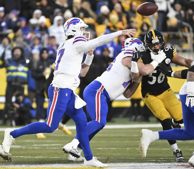Bills quarterback Josh Allen throws against the Steelers in the first quarter Sunday at Acrisure Stadium.