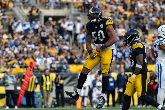 Pittsburgh Steelers linebacker Malik Harrison reacts after a tackle in Pittsburgh.