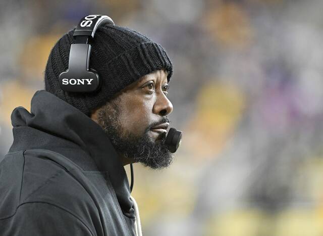 Steelers head coach Mike Tomlin on the sidelines against the Bills on Sunday at Acrisure Stadium.