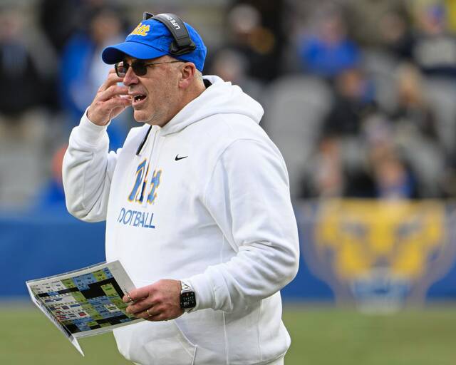 Pitt coach Pat Narduzzi reacts to a call during a game against Miami on Saturday, Nov. 29, 2025, at Acrisure Stadium.
