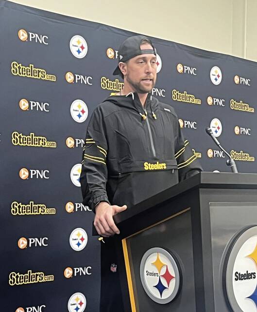 Steelers receiver Adam Thielen speaks to the media during his introductory news conference Thursday. (Joe Rutter | TribLive)