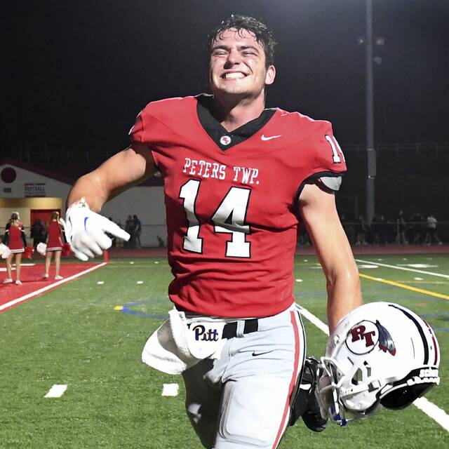 Peters Township’s Reston Lehman celebrates after defeating Upper St. Clair on Friday, Sept. 26, 2025, at Peters. (Christopher Horner | TribLive)