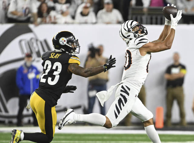 The Bengals’ Andrei Losivas beats the Steelers’ Darius Slay in the third quarter on Oct. 16 at Paycor Stadium in Cincinnati. (Chaz Palla | TribLive)