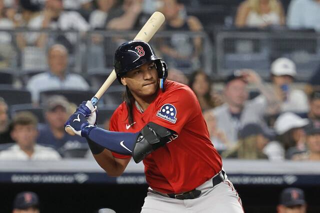 Jhostynxon Garcia hits for the Red Sox against the Yankees on Aug. 22. (AP)