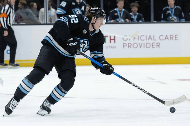 Utah Mammoth center Logan Cooley takes control of the puck during the first period of an NHL hockey game against the Vegas Golden Knights, Monday, Nov. 24, 2025, in Salt Lake City. (AP)