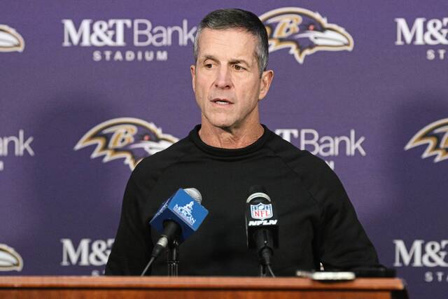 Ravens head coach John Harbaugh talks with the media Sunday after his team’s loss to the Steelers in Baltimore. (AP)