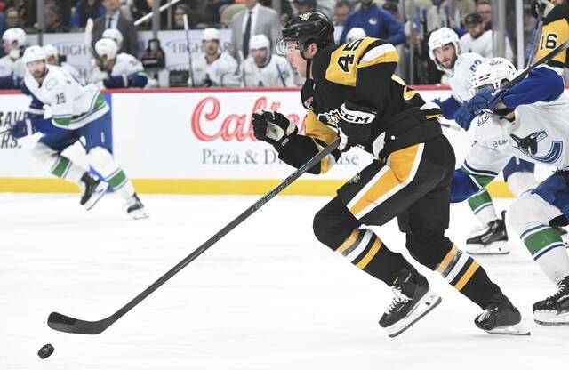 In nine games this season, Penguins rookie defenseman Harrison Brunicke has one goal. (Chaz Palla | TribLive)