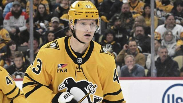 In nine NHL games this season, Penguins forward Danton Heinen has one assist. (Chaz Palla | TribLive)