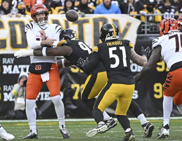 The Steelers Derrick Harmon hits Bengals quarterback Joe Flacco as he throws in the second quarter of a Nov. 16 game at Acrisure Stadium. (Chaz Palla | TribLive)