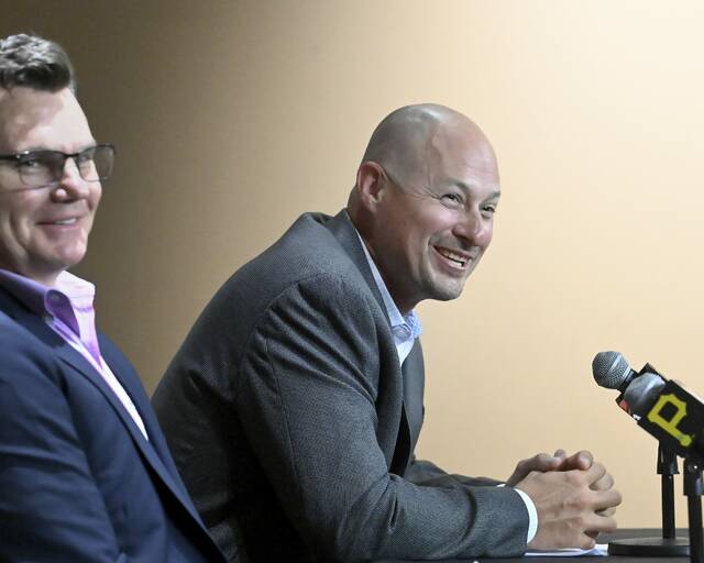 Pirates manager Don Kelly answers a question during a press conference with general manager Ben Cherington following his contract extension Sept. 29 at PNC Park. (Christopher Horner | TribLive)