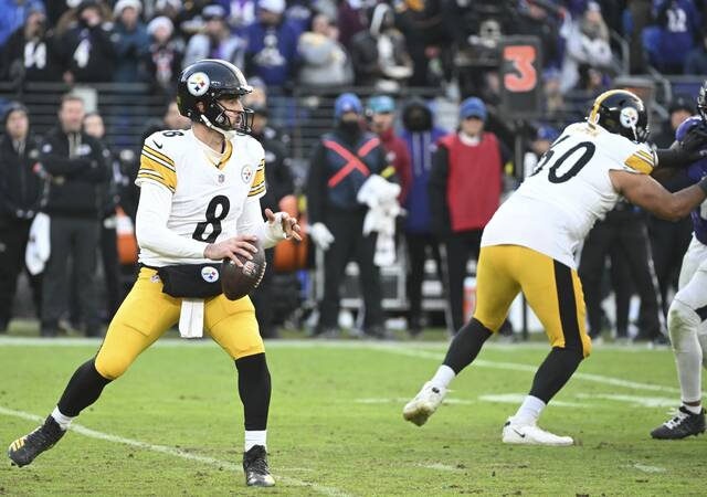 Pittsburgh Steelers offensive tackle Dylan Cook blocks for quarterback Aaron Rodgers during the fourth quarter of Sunday’s win against the Baltimore Ravens at M&T Bank Stadium. Cook was the fourth left tackle the Steelers deployed over a three-game span. (Chaz Palla | TribLive)