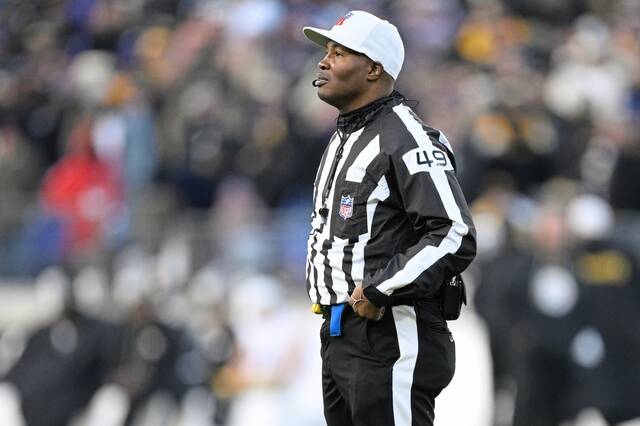 NFL referee Alex Moore (49) in action during the second half of an NFL football game between the Baltimore Ravens and the Pittsburgh Steelers, Sunday, Dec. 7, 2025, in Baltimore. (AP)
