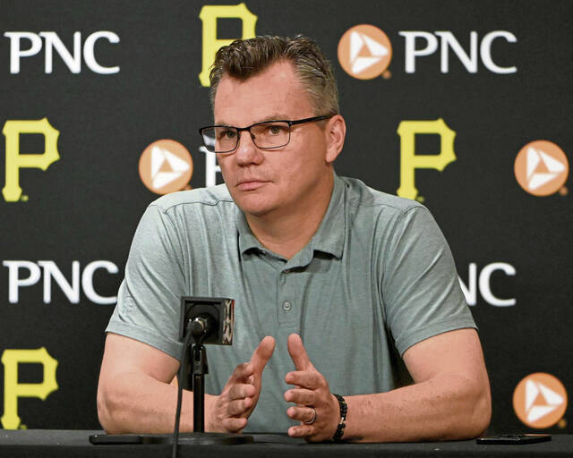 Pirates general manager Ben Cherington ponders a question during his media conference on Saturday, June 28, 2025, at PNC Park. (Christopher Horner | TribLive)