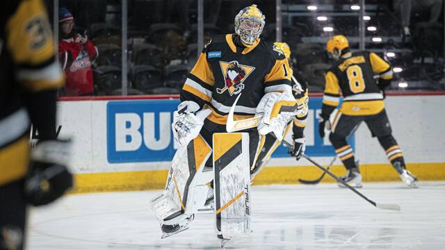 Wilkes-Barre/Scranton Penguins goaltender Sergei Murashov skates during warm-ups prior to a game against the Hartford Wolf Pack at the PeoplesBank Arena in Hartford, Conn. on Wednesday. The Penguins won, 3-0. (John Mrakovcich | Hartford Wolf Pack)