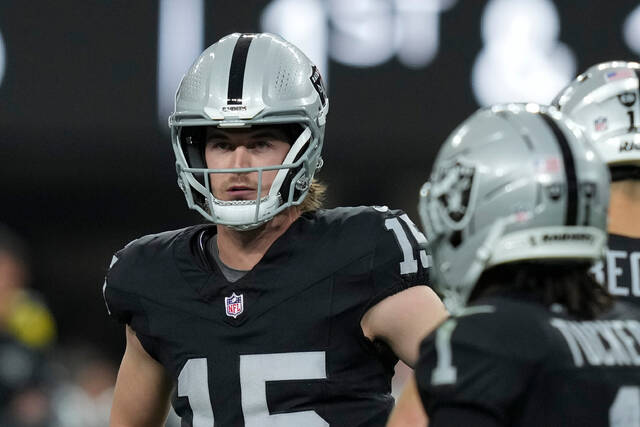 Las Vegas Raiders quarterback Kenny Pickett looks on during a game against the Denver Broncos, Sunday, Dec. 7, 2025, in Las Vegas. (AP)