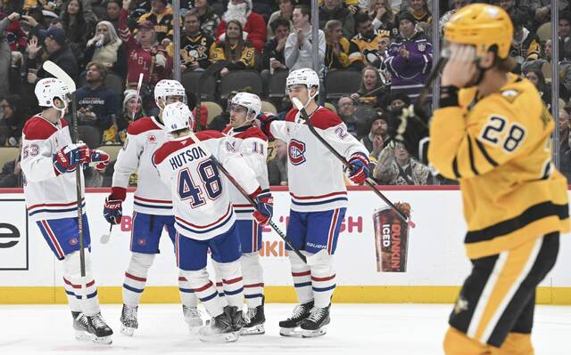 The Canadiens celebrate Brandan Gallagher’s goal against the Penguins in the second period Thursday at PPG Paints Arena. (Chaz Palla | TribLive)