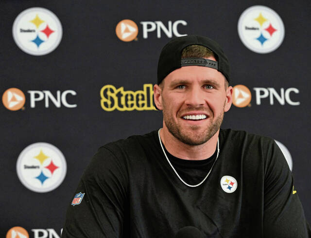 T.J. Watt speaks to the media after arriving at training camp in July. (Chaz Palla | TribLive)