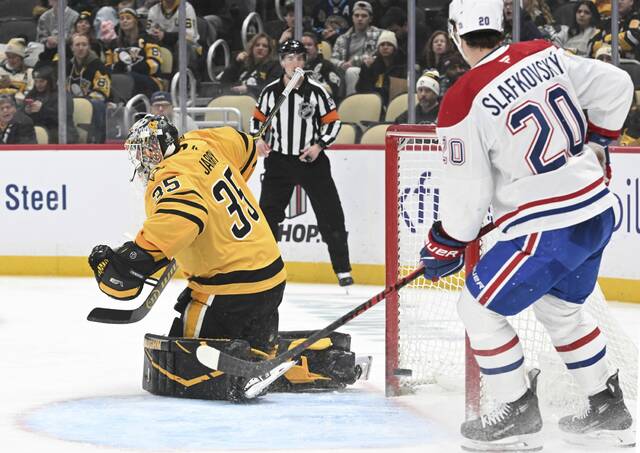 The Canadiens’ Brendan Gallagher’s shot beats Penguins goaltender Tristan Jarry in the second period Thursday, Dec. 11, 2025, at PPG Paints Arena. (Chaz Palla | TribLive)