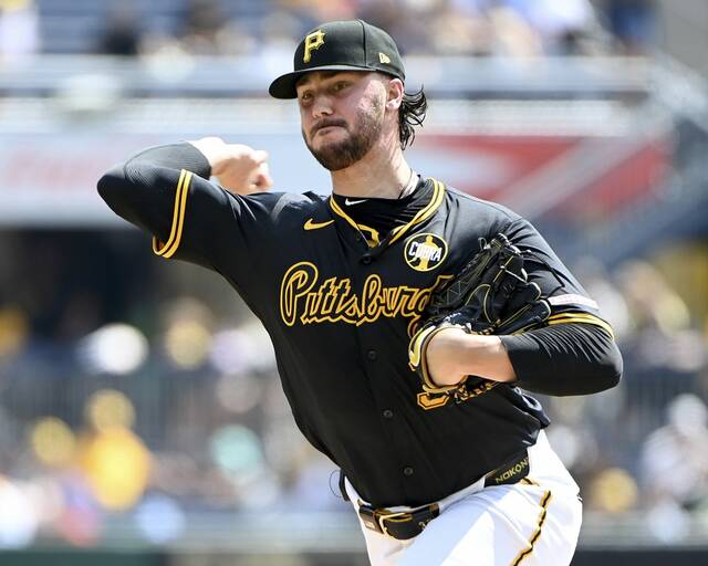 Pirates pitcher Paul Skenes delivers during the first inning against Rockies on Sunday, Aug. 24, 2025, at PNC Park. (Christopher Horner | TribLive)