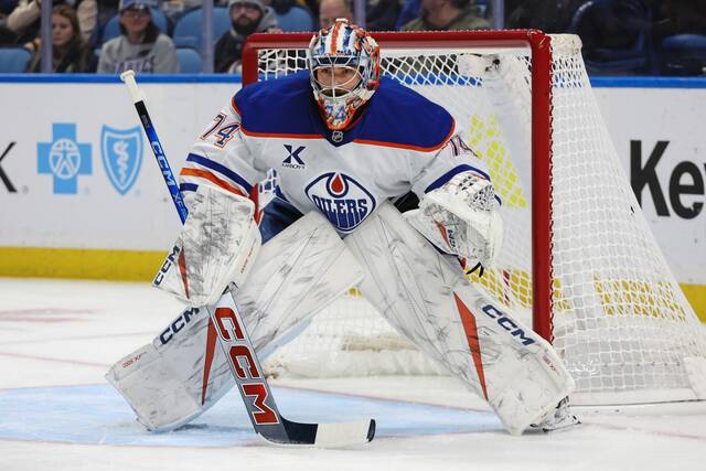 In 23 games with the Edmonton Oilers this season, goaltender Stuart Skinner has an 11-8-4 record. (AP)