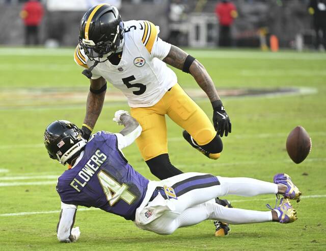 Steelers safety Jalen Ramsey puts a hit on the Ravens’ Zay Flowers Sunday, Dec. 07, 2025 at M&T Bank Stadium. (Chaz Palla | TribLive)