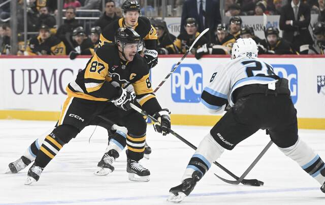 The Penguins’ Sidney Crosby leads the attack against the Mammoth in the first period Sunday at PPG Paints Arena. (Chaz Palla | TribLive)