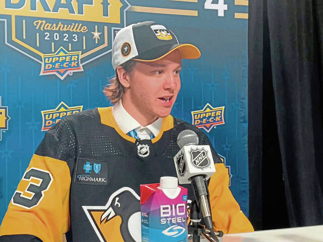 The Penguins selected defenseman Emil Pieniniemi in the third round (No. 91 overall) during the NHL Draft at Bridgestone Arena in Nashville, Tenn, July 29, 2023. (Seth Rorabaugh | TribLive)