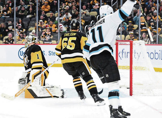 Utah Mammoth’s Dylan Guenther celebrates his game-winning goal in overtime Sunday to beat the Penguins 5-4 at PPG Paints Arena. (Chaz Palla | TribLive)