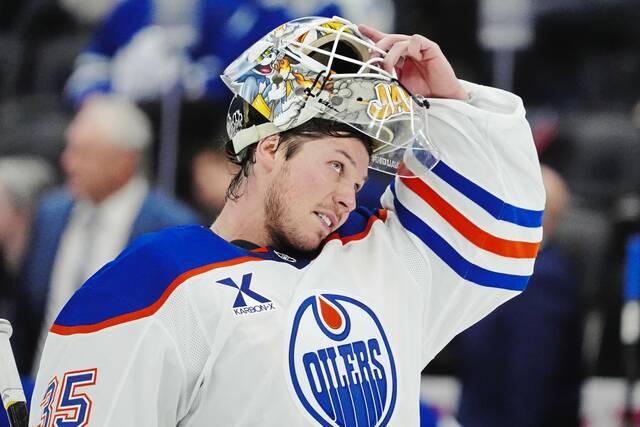 Goaltender Tristan Jarry made his debut with the Edmonton Oilers during a 6-3 road win against the Toronto Maple Leafs on Saturday. (The Canadian Press via AP)