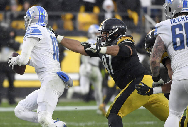 The Steelers’ Cameron Heyward reaches out to sack Lions quarterback Jared Goff for a loss on Nov. 14, 2021, at then-Heinz Field. (Chaz Palla | TribLive)