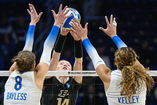 Purdue’s Grace Heaney (14) is stonewalled at the net by Pitt’s Bre Kelley (21) and Blaire Bayless (8) on Saturday at Petersen Events Center. (Andrew Palla | For TribLive)