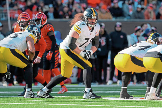 Shown during a game last season, Pittsburgh Steelers starting left guard Isaac Seumalo (No. 73) sat out practice Wednesday. Seumalo suffered a triceps injury during the Steelers victory against the Miami Dolphins on Monday.