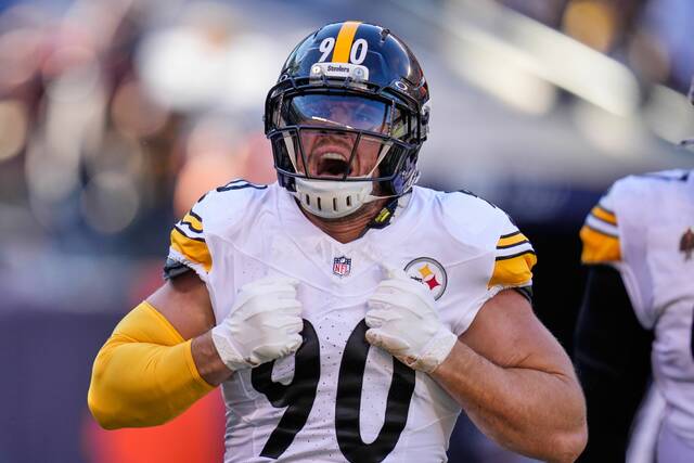 Pittsburgh Steelers linebacker T.J. Watt (90) celebrates after sacking Chicago Bears quarterback Caleb Williams, and forcing a fumble, which led to a touchdown, during the first half of an NFL football game Sunday, Nov. 23, 2025, in Chicago. (AP)