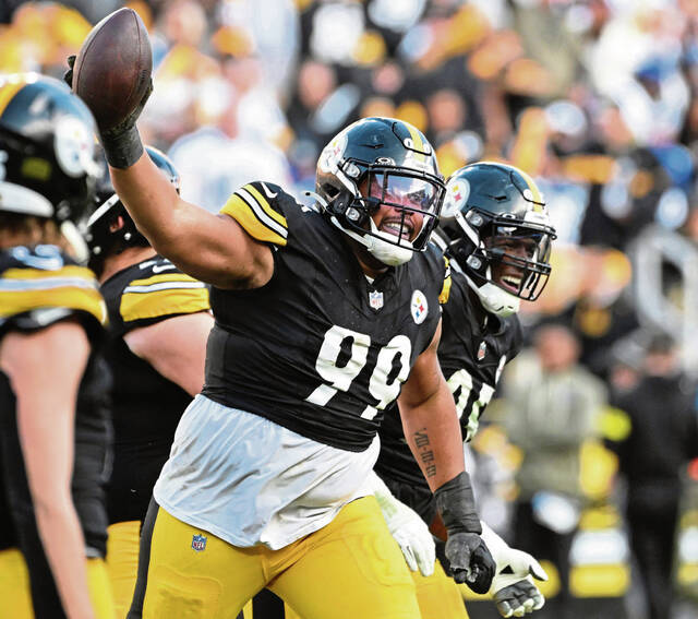 The Steelers’ Derrick Harmon celebrates after recovering a fumble caused on Alex Highsmith’s strip sack on Colts quarterback Daniel Jones in the fourth quarter Nov. 2, 2025 at Acrisure Stadium. (Chaz Palla | TribLive)